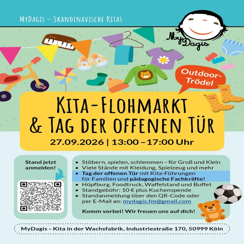 Flyer zum Kita-Flohmarkt und Tag der offenen Tür bei MyDagis am 27.09.2026, 13–17 Uhr, Industriestraße 170 in Köln. Alle Veranstaltungsdetails stehen im Beitrag.